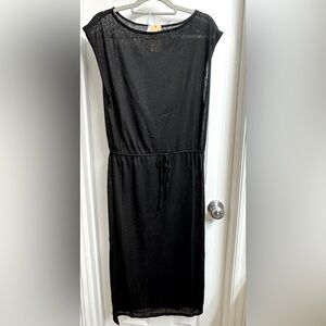 Kona Sol Black Maxi Coverup semi sheer has drawstring waist tie & side splits, M